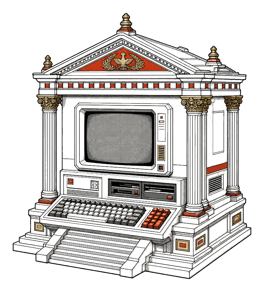 Retro Japanese computer fused with a Roman Palatine temple
